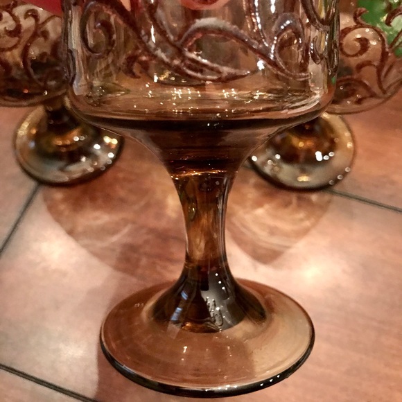 Vintage Libbey Glass Prado Tawny Brown Raised Scroll Wine Glass Set(4) USA 70's - Picture 6 of 8